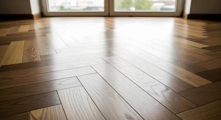 Finished wood-look plank floor running through a room, catching the light from the windows