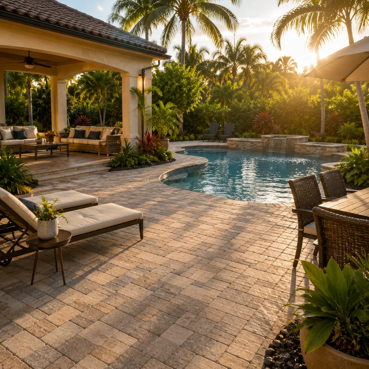 Pool deck in Palm Coast finished in tumbled paver tile, wrapping a curved pool with a covered lanai and palms behind it