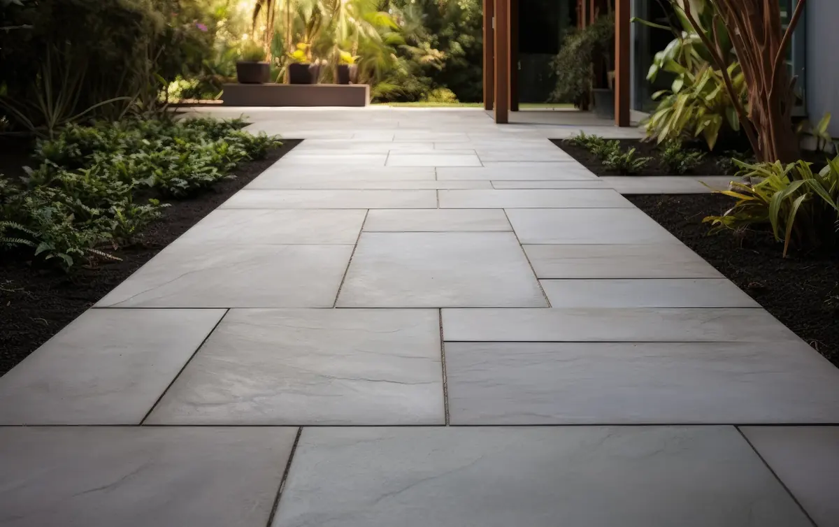 Large-format stone pavers laid outdoors beside planted beds