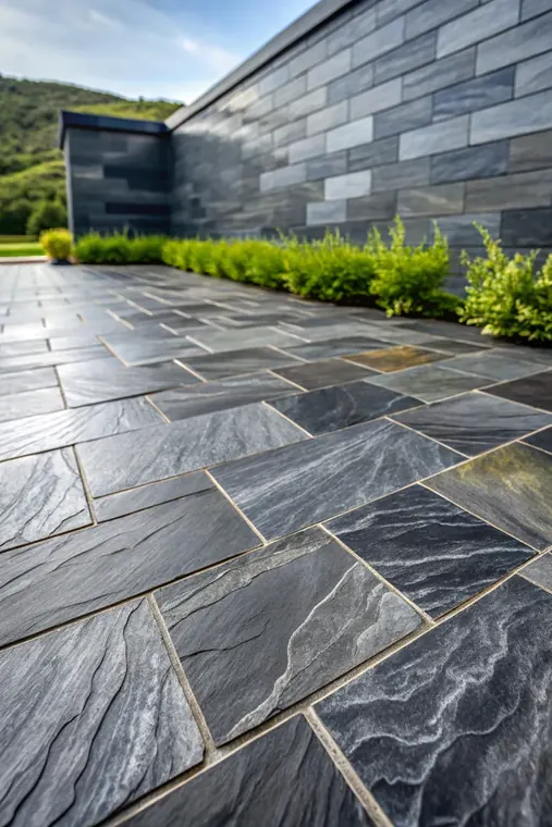 Charcoal natural slate laid outdoors, showing the tight joints and the stone's marbling