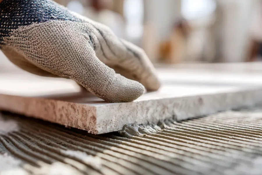 Gloved hand lowering a large tile onto combed adhesive mortar