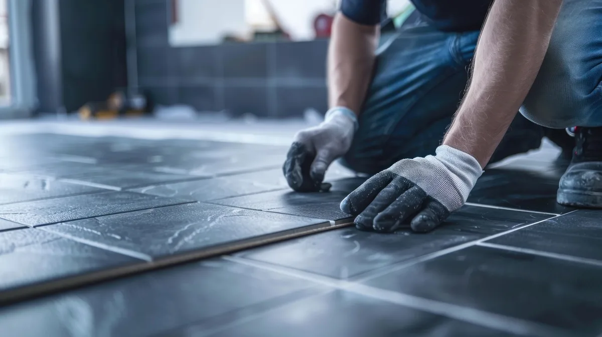 Installer setting large dark floor tile, adjusting the joint by hand